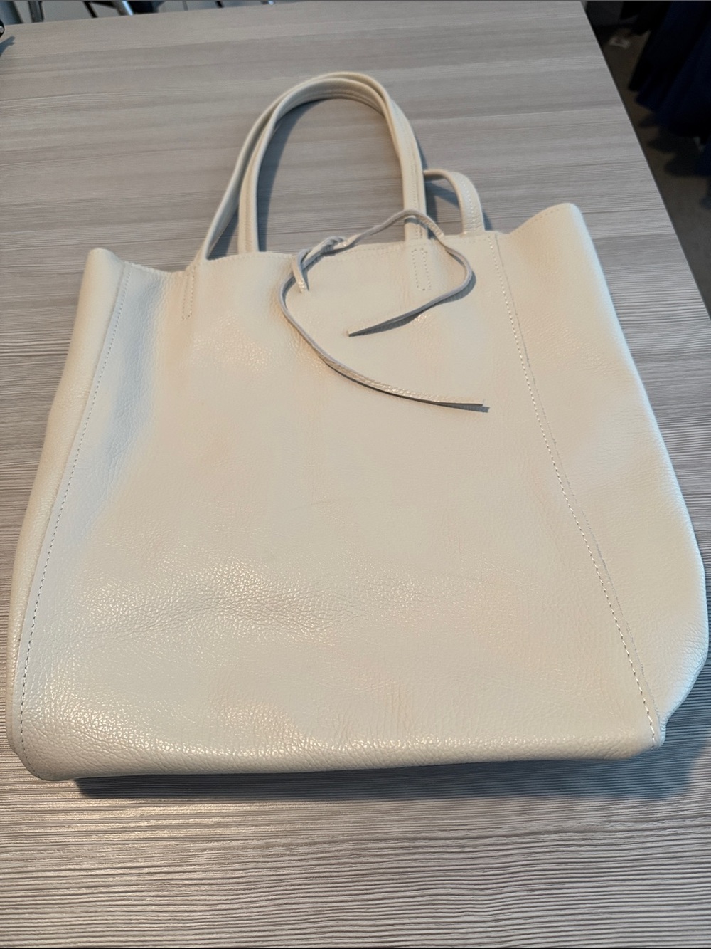 Cream Leather Tote Bag with Heart Tie